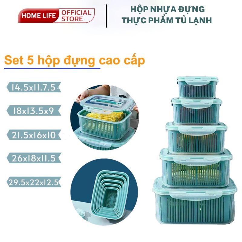 Bộ 5 Hộp Đựng Thực Phẩm Giỏ Có Nắp Đậy Khay Nhựa Kèm Rổ Ráo Nước Để Tủ Lạnh Bảo Quản Thức Ăn Tiện Dụng