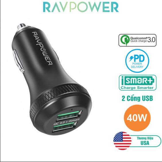 Tẩu sạc ô tô RAVPower 2 cổng 40W hỗ trợ iSmart 2.0 và Quick Charge 3.0 (RP-VC007) - Hàng Chính Hãng