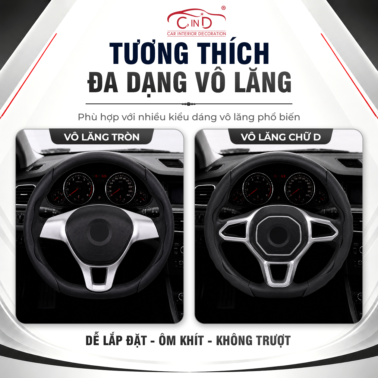 Ốp Bọc Vô Lăng CIND 2 Mảnh Da Nappa Cao Cấp Màu Đen