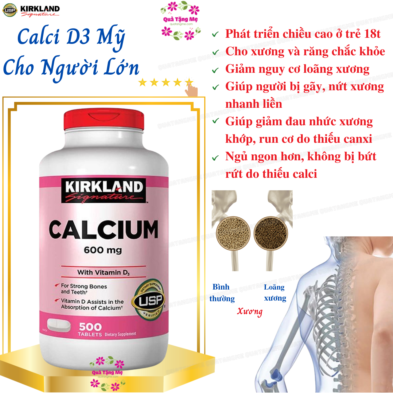 Canxi 600mg và Vitamin D3 Kirkland cho xương và răng - QuaTangMe Extaste