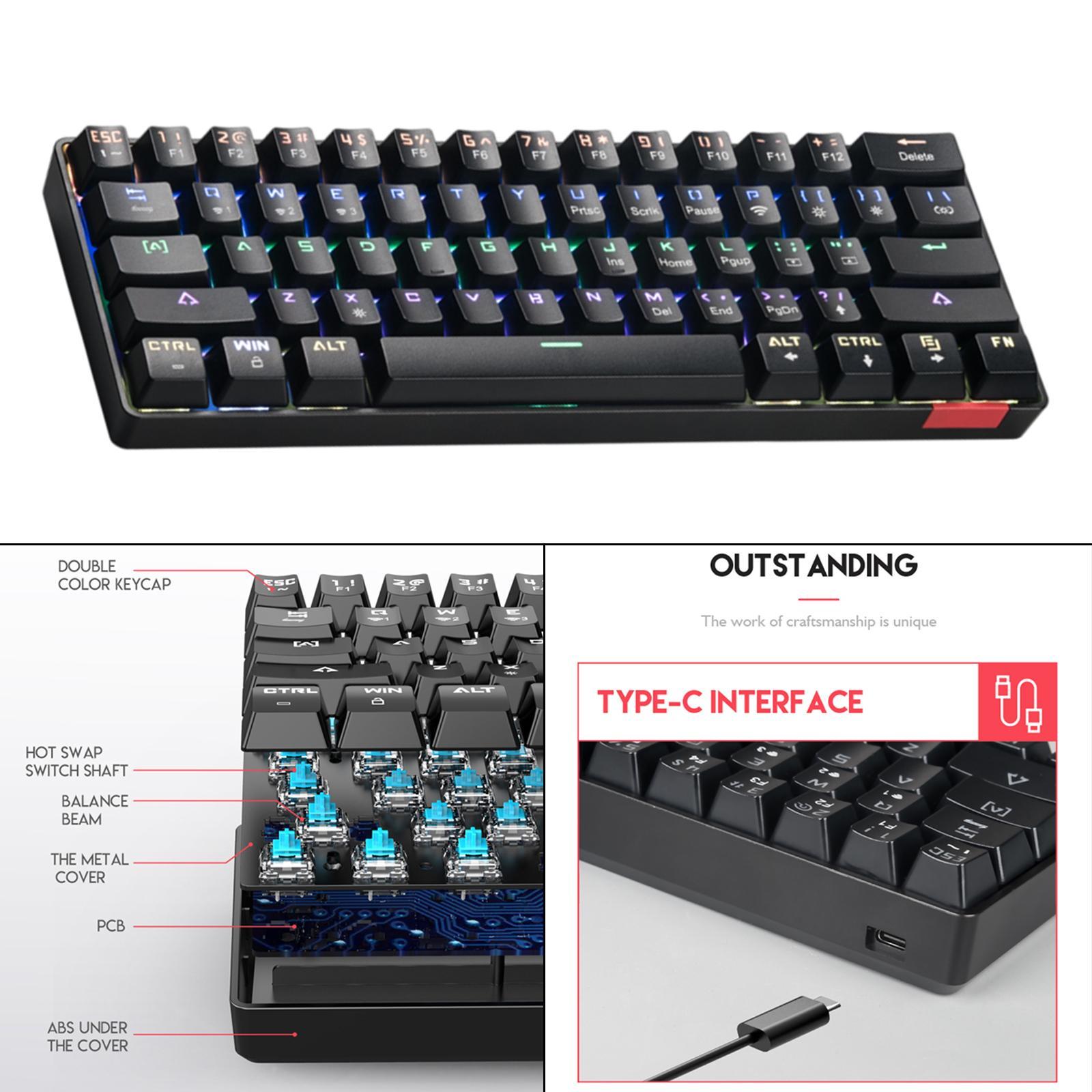 DIK61 Wireless 60% Mechanical Gaming Keyboard, Compact Bluetooth Mechanical Keyboard Blue Switches, 61 Keys, Compatible for Multi-Device Connection
