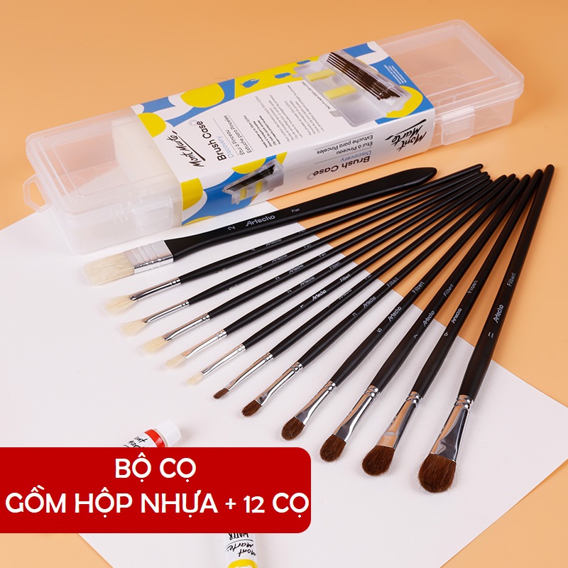 Cọ vẽ màu nước 12 cây đủ cỡ ngòi kèm hộp nhựa thích hợp vẽ màu nước, màu sơn dầu, màu acrylic thân dài siêu đẹp