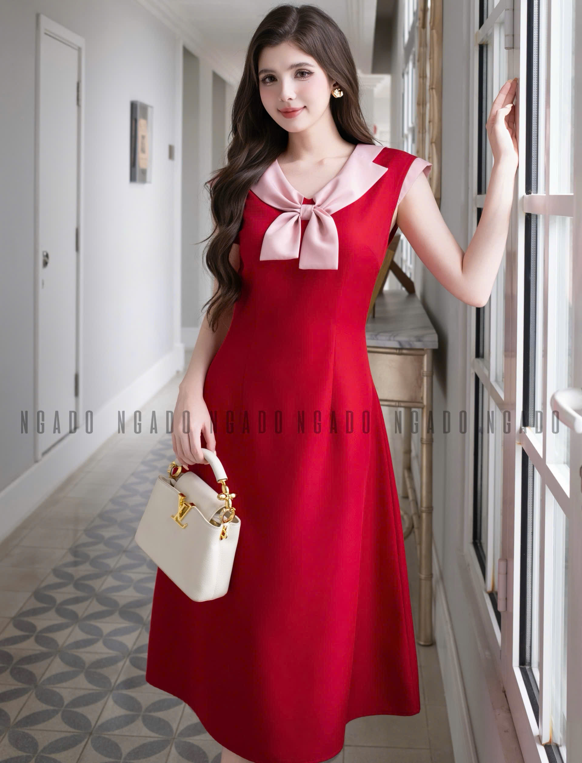 Đầm đỏ phối nơ hồng NGADO , đầm nữ , đầm dự tiệc