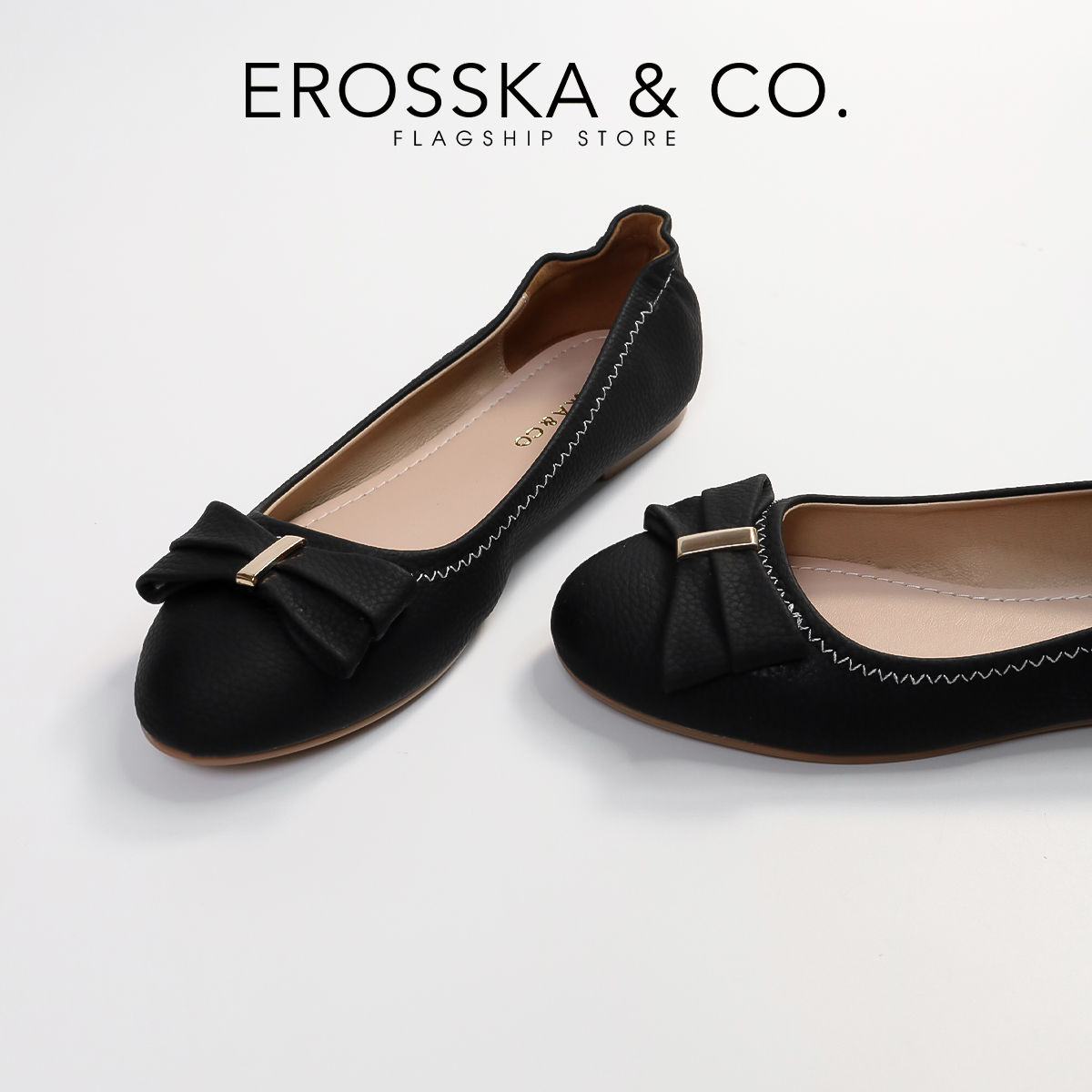 Erosska - Giày búp bê nữ đế bệt mũi tròn đính nơ xinh xắn - EF020