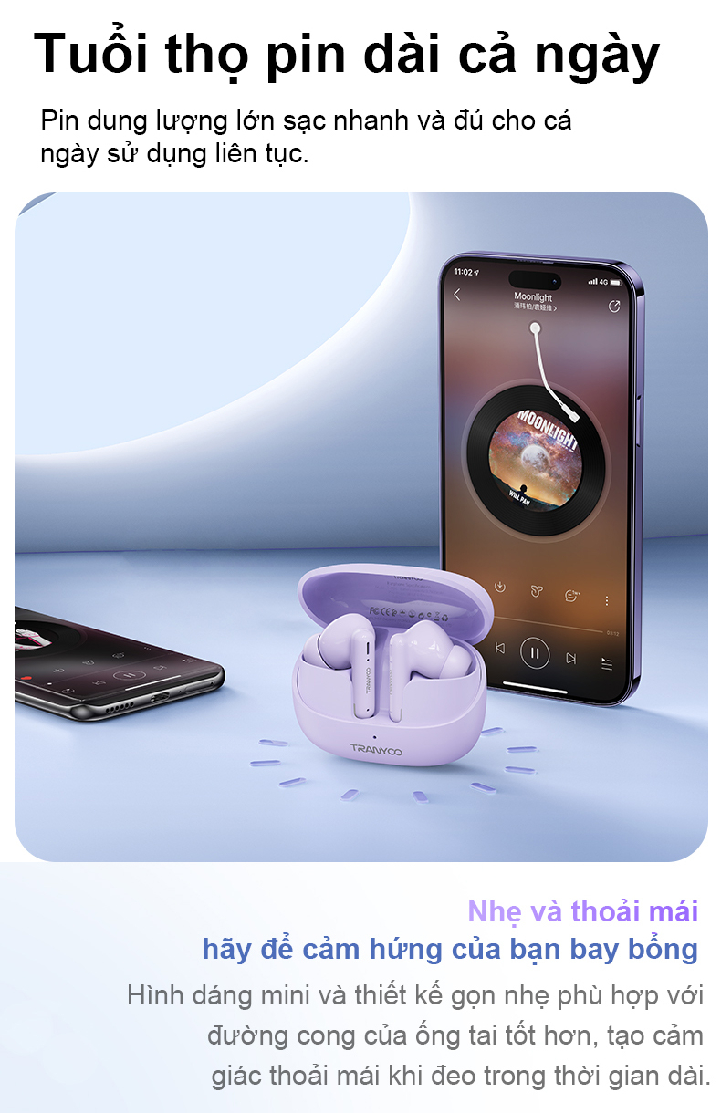 Tai nghe Bluetooth 5.3 TRANYOO T-M26, khử tiếng ồn thông minh, thiết kế đẹp, sang trọng, pin trâu - Hàng chính hãng