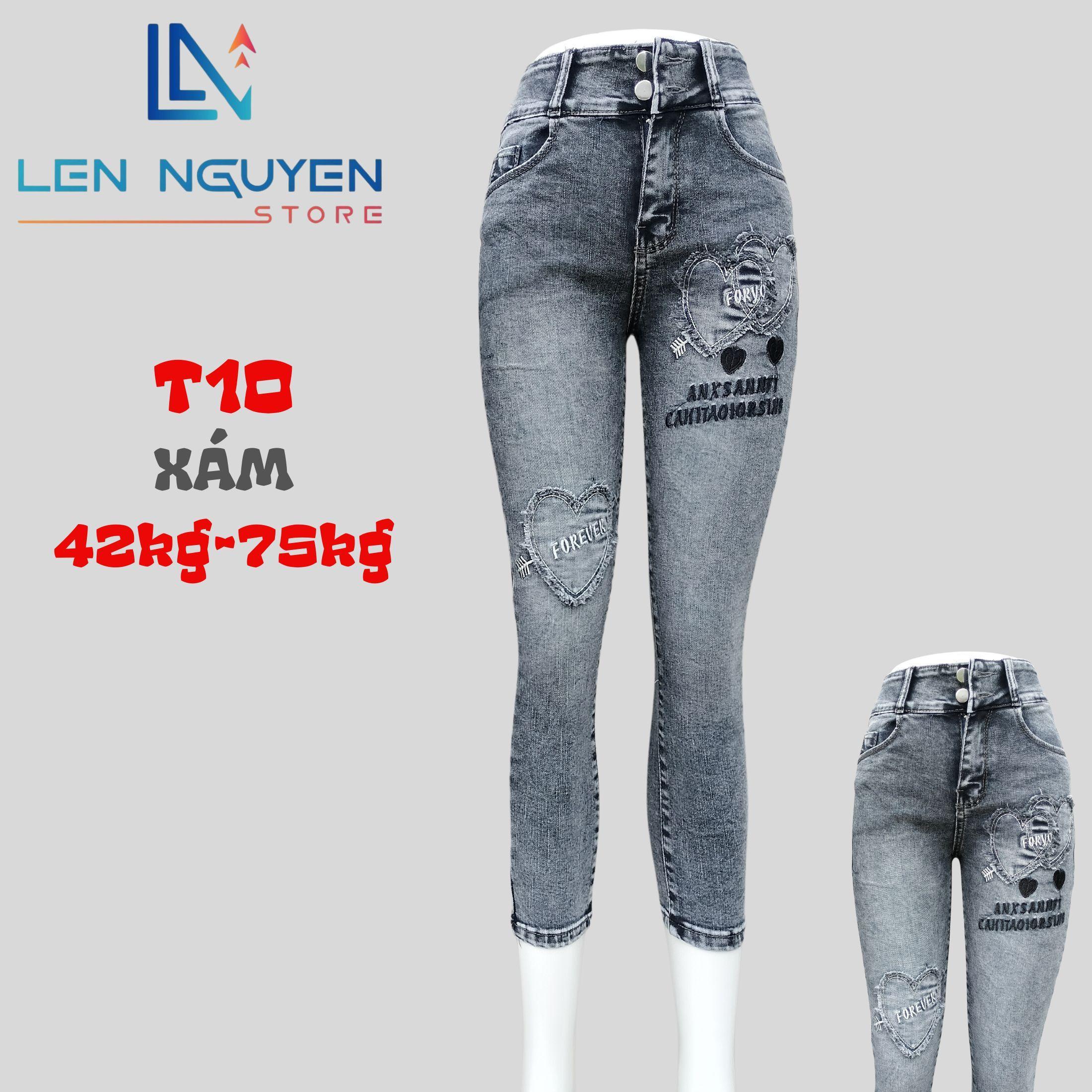 T10_Quần jean nữ, 9 tất, lưng cao, quần bò nữ dáng ôm, quần rin nữ có big size, cho 42kg đến 75kg - Xám