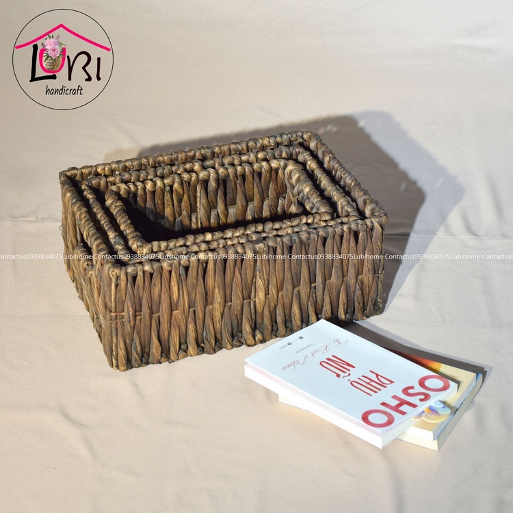 Sọt đựng đồ lục bình hình chữ nhật bộ 3 - màu nâu đan vặn dọc