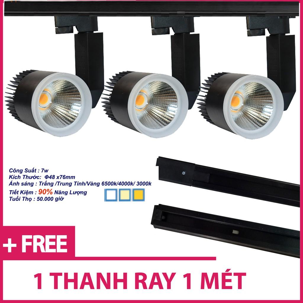 Bộ 3 Đèn Led Rọi Ray COB 7w Vỏ Đen Và 1 Thanh Ray