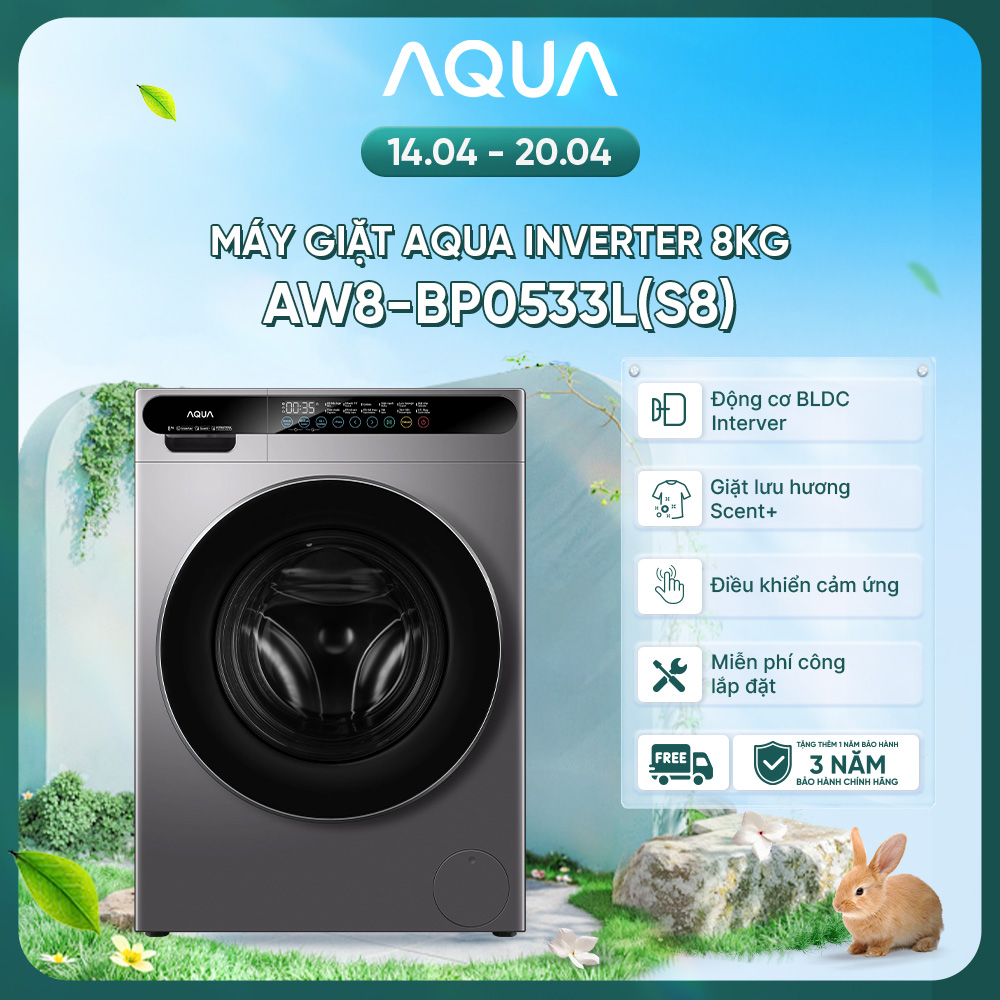 [SẮP RA MẮT 2026] Máy giặt cửa trước AQUA Inverter 8kg AW8-BP0533L(S8) - Bảo hành 2 năm - Freeship toàn quốc - Hàng chính hãng