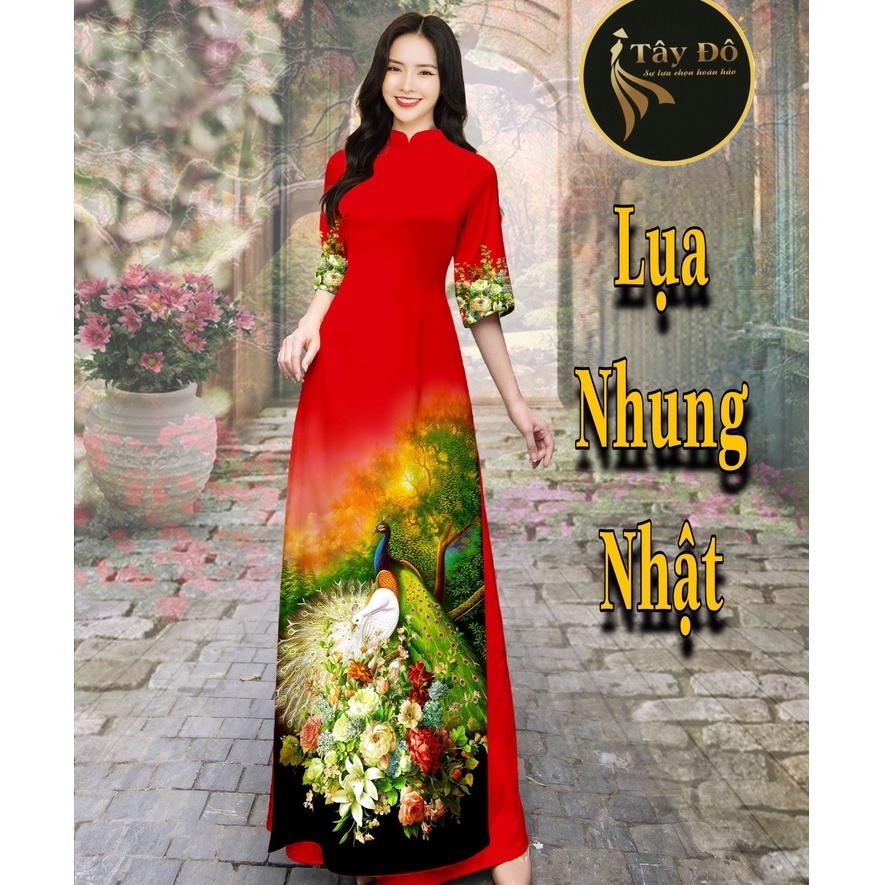 Vải Áo Dài Cao Cấp Họa Tiết Công Phụng, Lụa Nhung Nhật In Hai Mặt Đính Đá Thủ Công