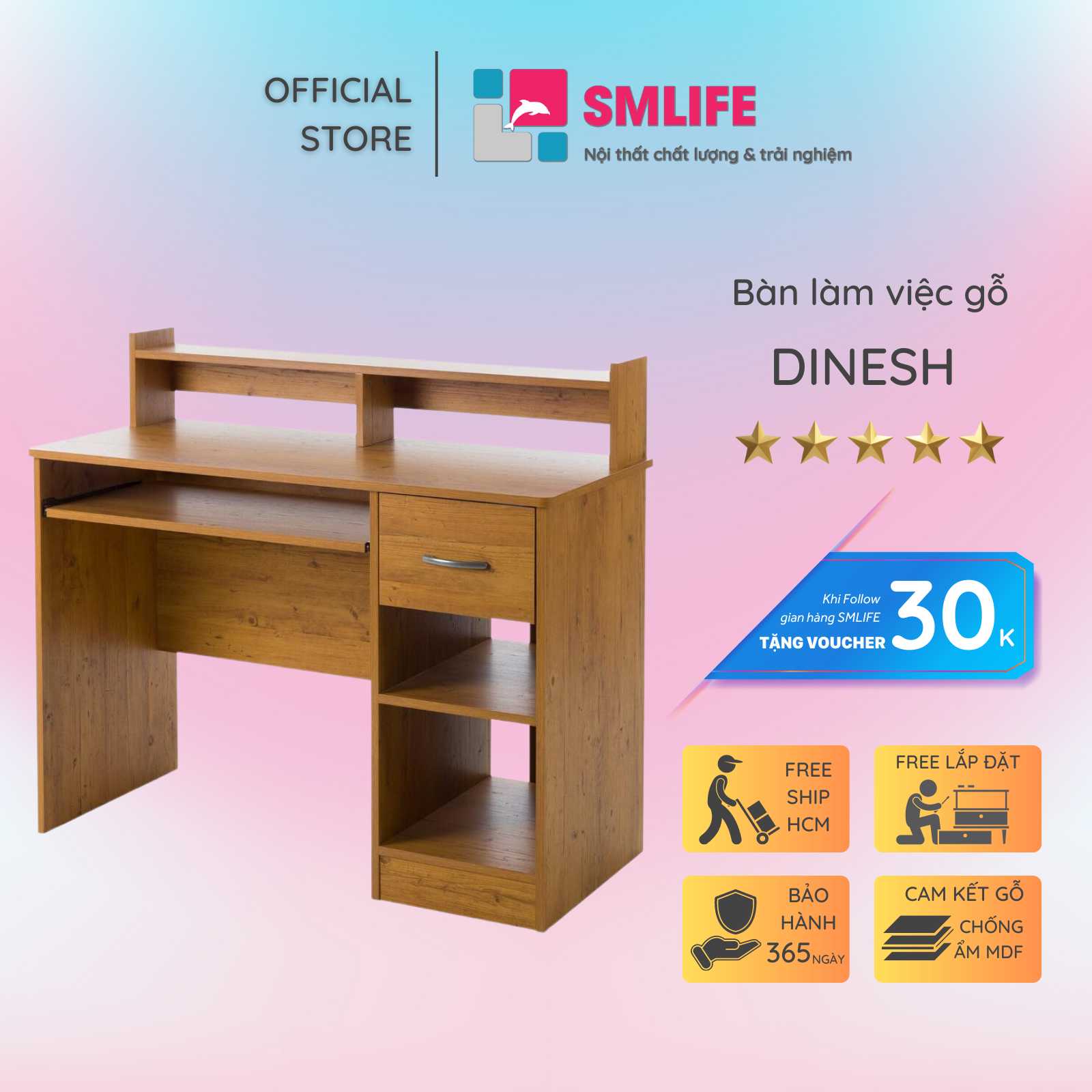 Bàn Học Gỗ CN Bàn Làm Việc Nhỏ SMLIFE Dinesh