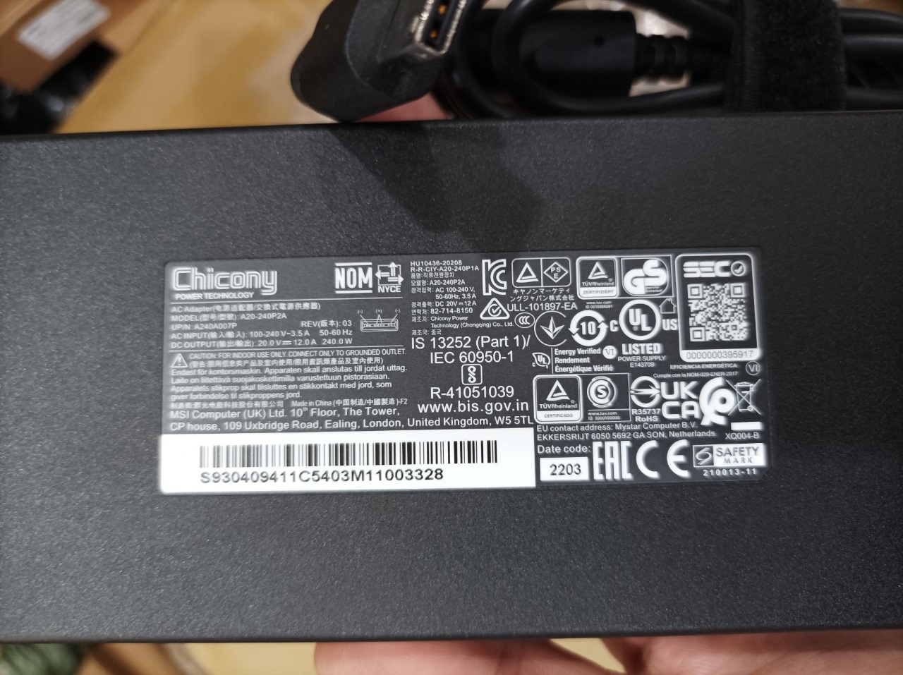 Sạc dành cho Laptop MSI GE66 GE76 Raider 230W 20V 11.5A Chicony AC Adapter Connecter Size USB 3-prong  hàng nhập khẩu