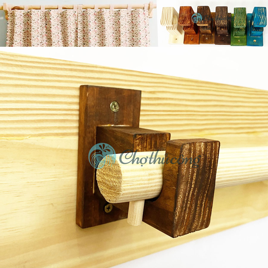 Trọn bộ phụ kiện treo rèm gỗ thông gồm thanh treo rèm gỗ 1-1m6 có chốt chặn trượt + bát đỡ bán nguyệt - Phụ kiện rèm cửa trang trí