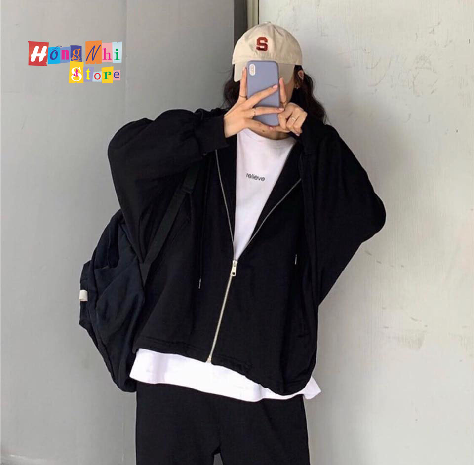 Áo Hoodie Zip Unisex Black - Khoác Hoodie Dây Kéo Dáng Rộng Màu Đen - MM