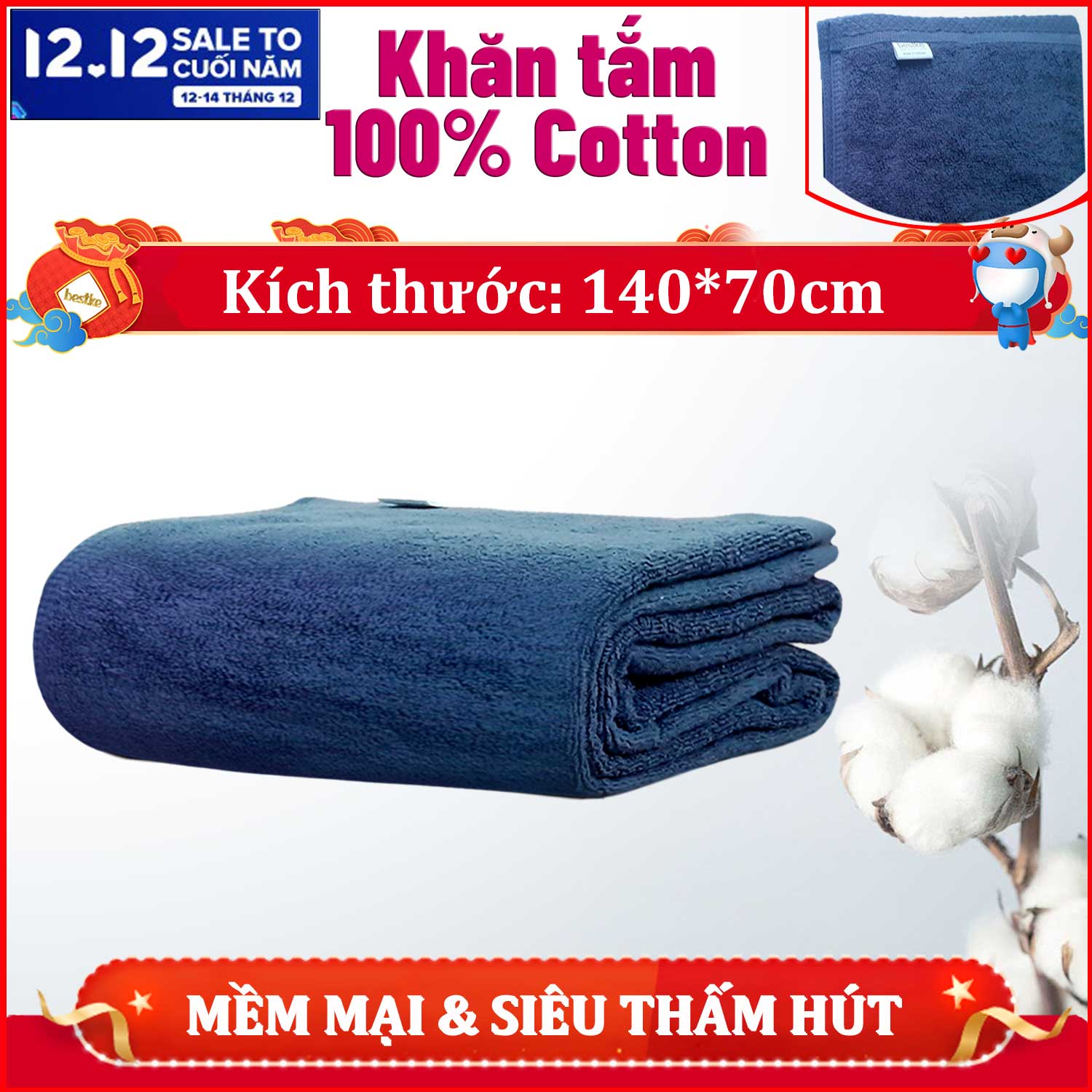 Khăn Tắm Bestke 100% cotton, xuất Khẩu Hàn Quốc, Màu Xanh đậm , Size 60*120cm, Towels, Towels bestke