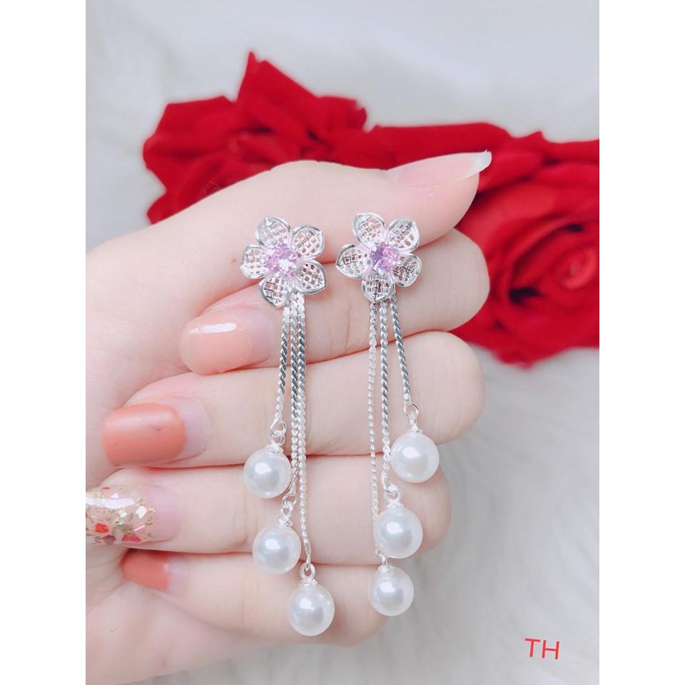Bông tai bạc gắn 3 hạt trai thả dài MS88