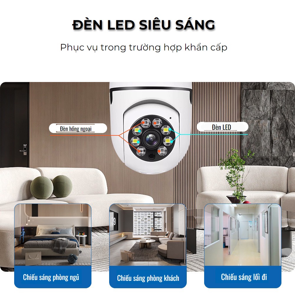 Camera An ninh WiFi Xoay 360° Gắn Đui Bóng Đèn,Tích hợp đèn Led, Đàm Thoại Hai Chiều, Báo Động Chống Trộm