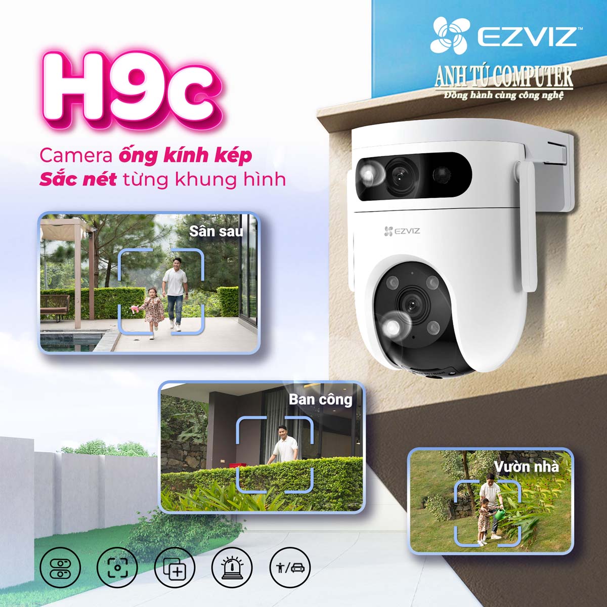 Camera WiFi 2 mắt, quay quét ngoài trời EZVIZ H9c bản 6MP (3MP+3MP) hàng chính hãng