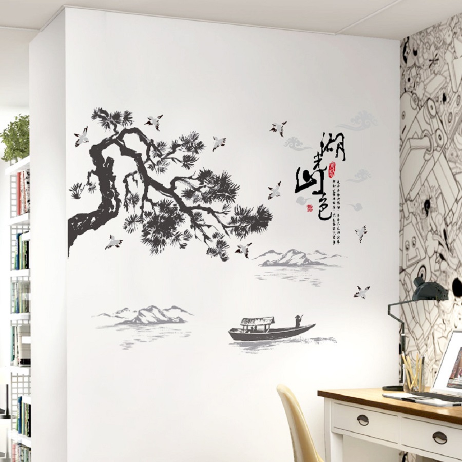 Decal dán tường phòng khách phong cảnh combo THỦY MẶC NON NƯỚC HỮU TÌNH sang trọng