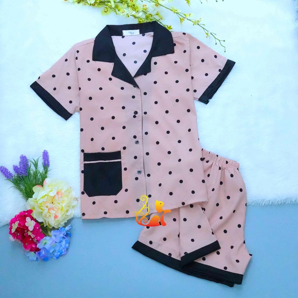 Bộ Đồ Mặc Nhà Pijama Satin Lụa Cao Cấp - &quot;Chấm bi đen&quot; Siêu Mát - Dưới 60kg