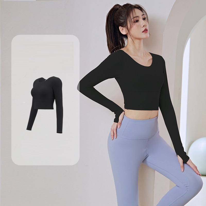 Bộ đồ tập gym nữ có mút đệm, bộ quần áo tập yoga tôn dáng nâng mông áo dài tay croptop và quần dài
