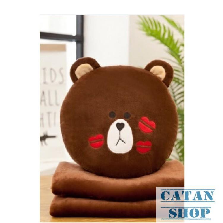 Gối mền Brown xinh xắn 3 in1, nỉ nhung cực mịn, bộ chăn gối văn phòng GD79-GMGau