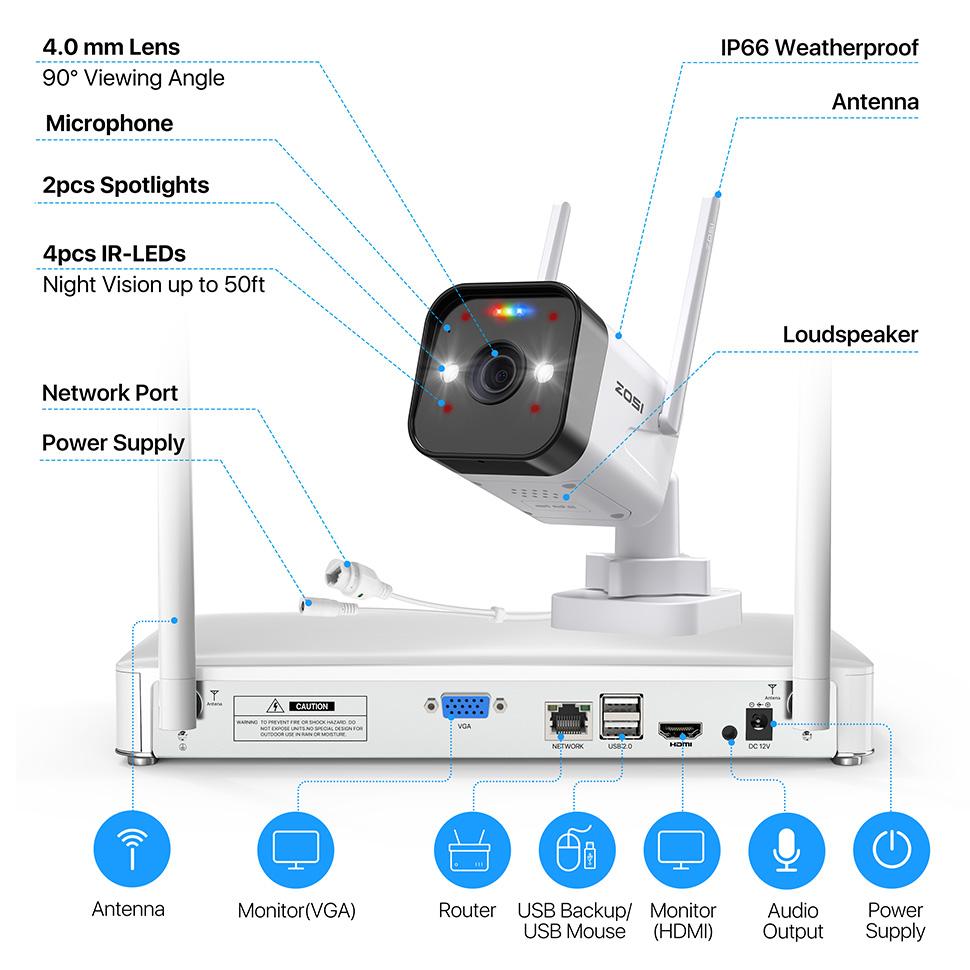 Zosi 3MP W4 Pro Hệ thống camera không dây WiFi Camera IP 8CH H.265 NVR Kit 2-Way Audio