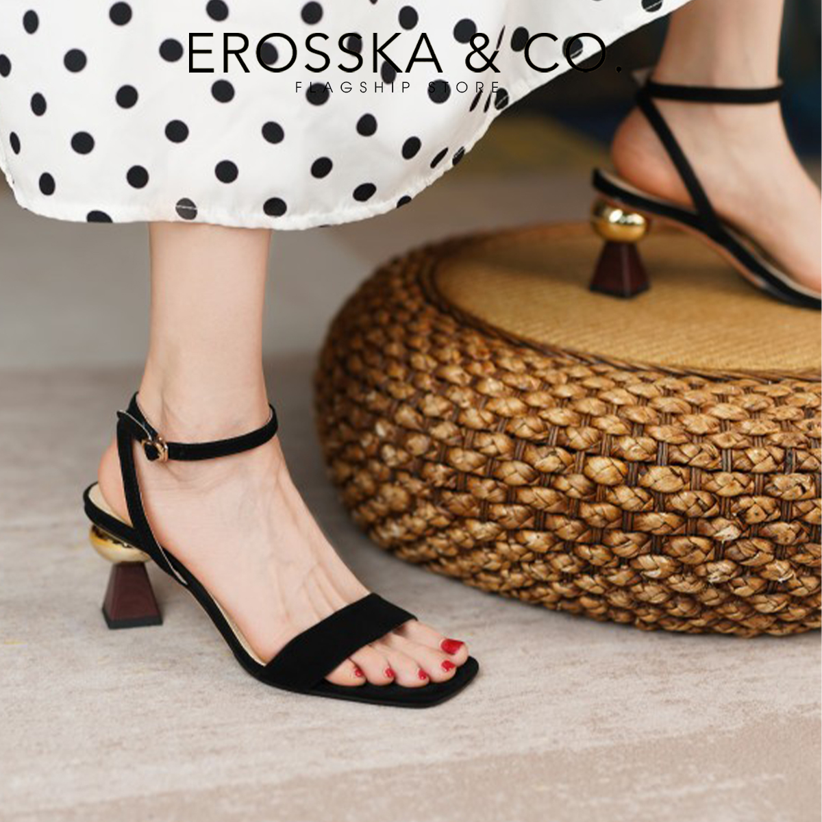 Erosska - Sandal cao gót mũi hở đế vuông phối dây quai mảnh cao 7cm - EB055