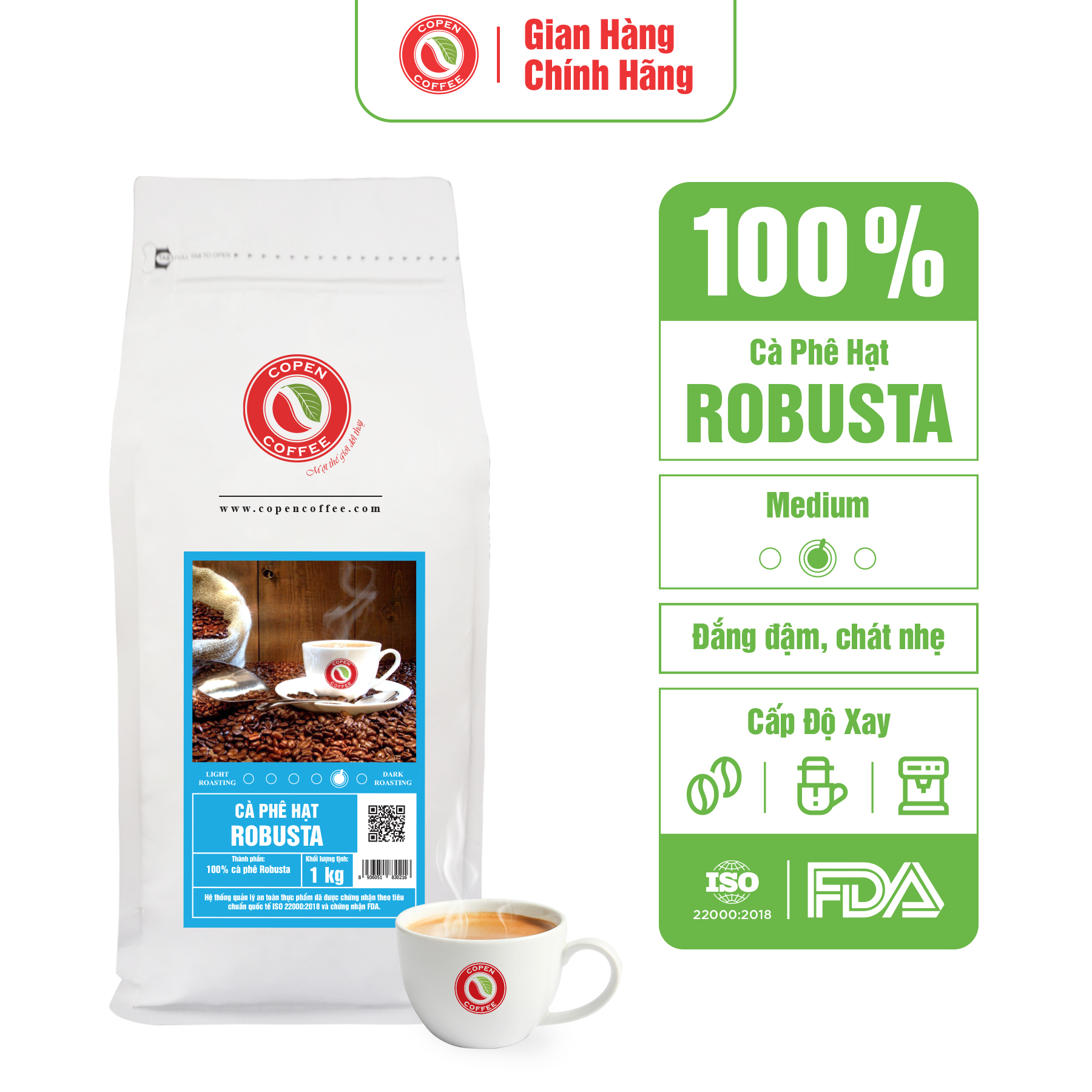 Cà phê hạt Copen Coffee Robusta 1kg (Xay Pha Phin)