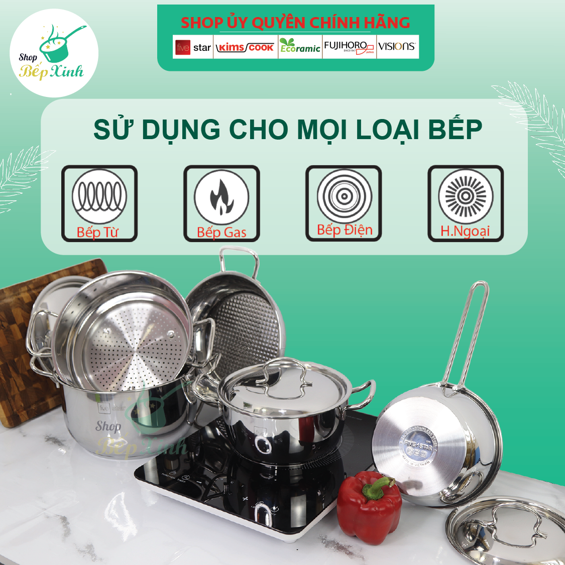 Bộ nồi inox FIVESTAR 5 chiếc 3 đáy bếp từ nắp inox ( tặng 2 vá canh )