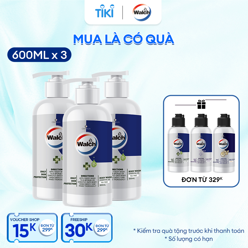 Combo 3 sữa tắm tinh dầu Walch tiêu diệt vi khuẩn, dưỡng ẩm mềm mịn, tái tạo làn da - Hương Tea Tree