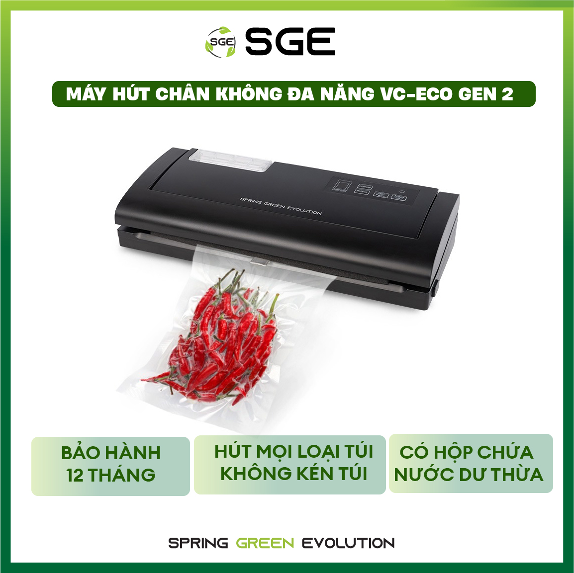 Máy Hút Chân Không Thế Hệ Mới VC-ECO GEN 2. Hút Mọi Loại Túi, Không Kén Túi, Hút Được Nước. Hàng Nhập Khẩu SGE Thailand