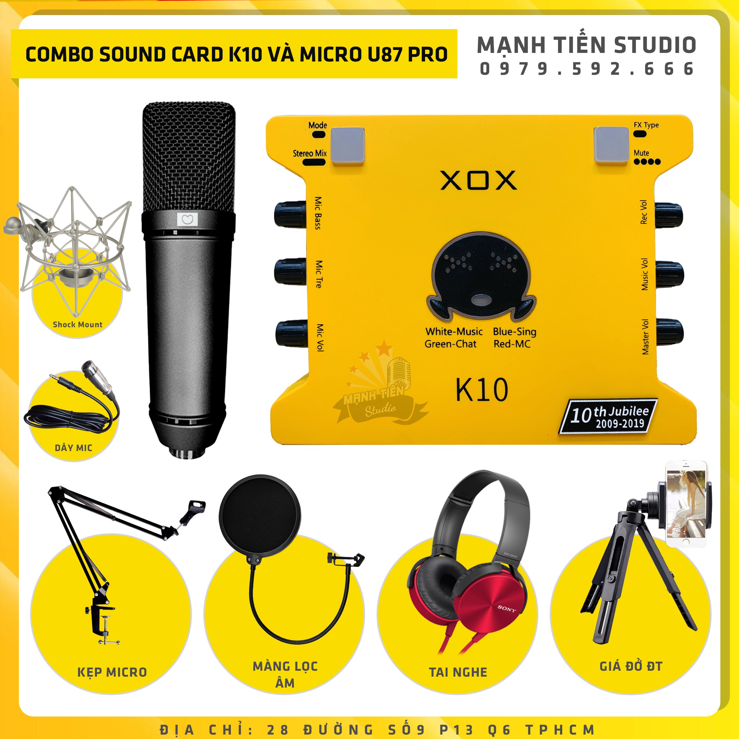 Combo thu âm, livestream Micro AQTA U87-Pro, Sound card XOX K10 Jubilee - Kèm full phụ kiện kẹp micro, màng lọc, tai nghe, giá đỡ ĐT - Hỗ trợ thu âm, karaoke online chuyên nghiệp - Hàng nhập khẩu