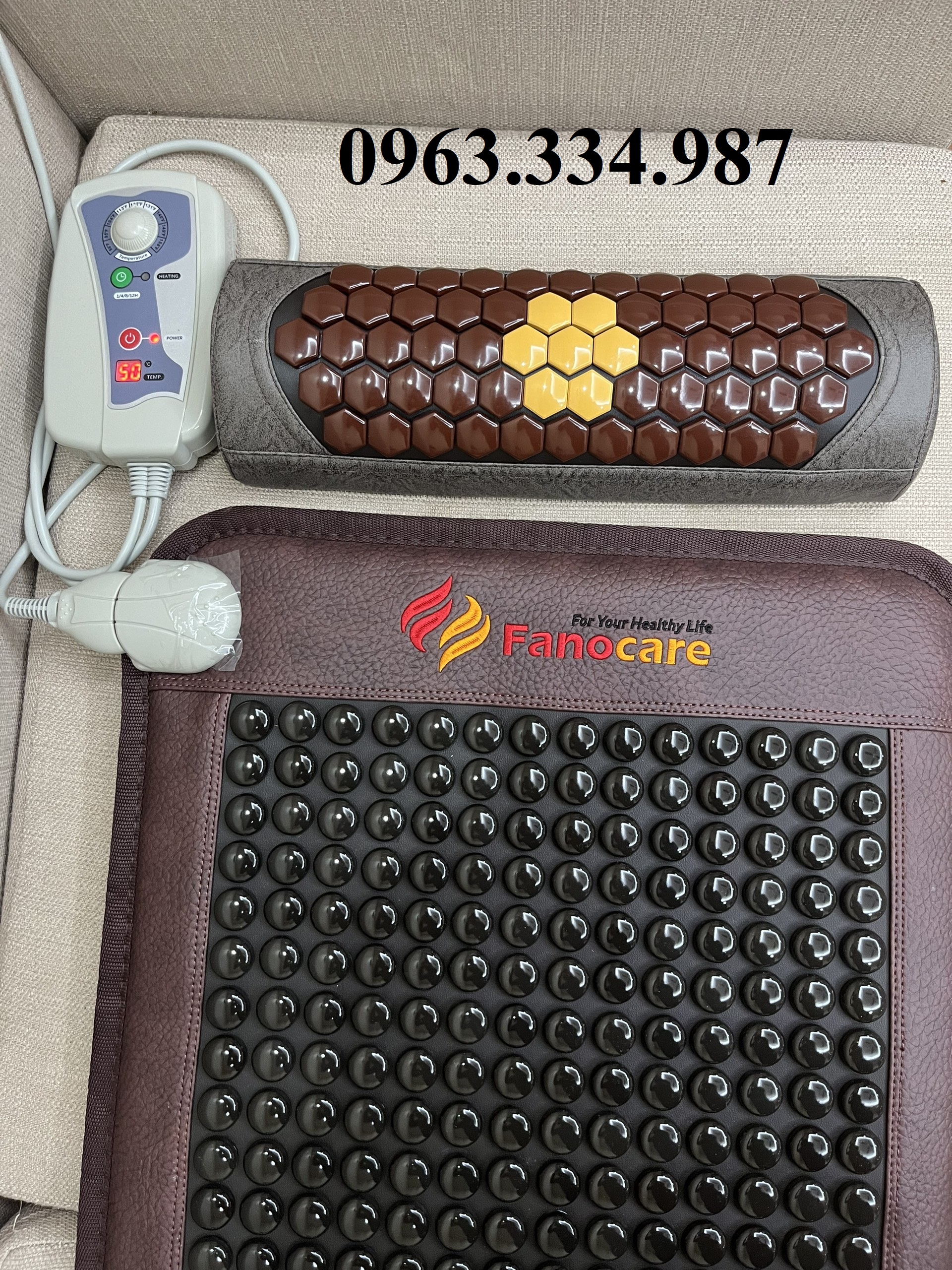 Thảm/Nệm đá nhiệt nóng tourmaline hạt tròn đen bóng Fanocare KT 50x150x3.5cm FN01R