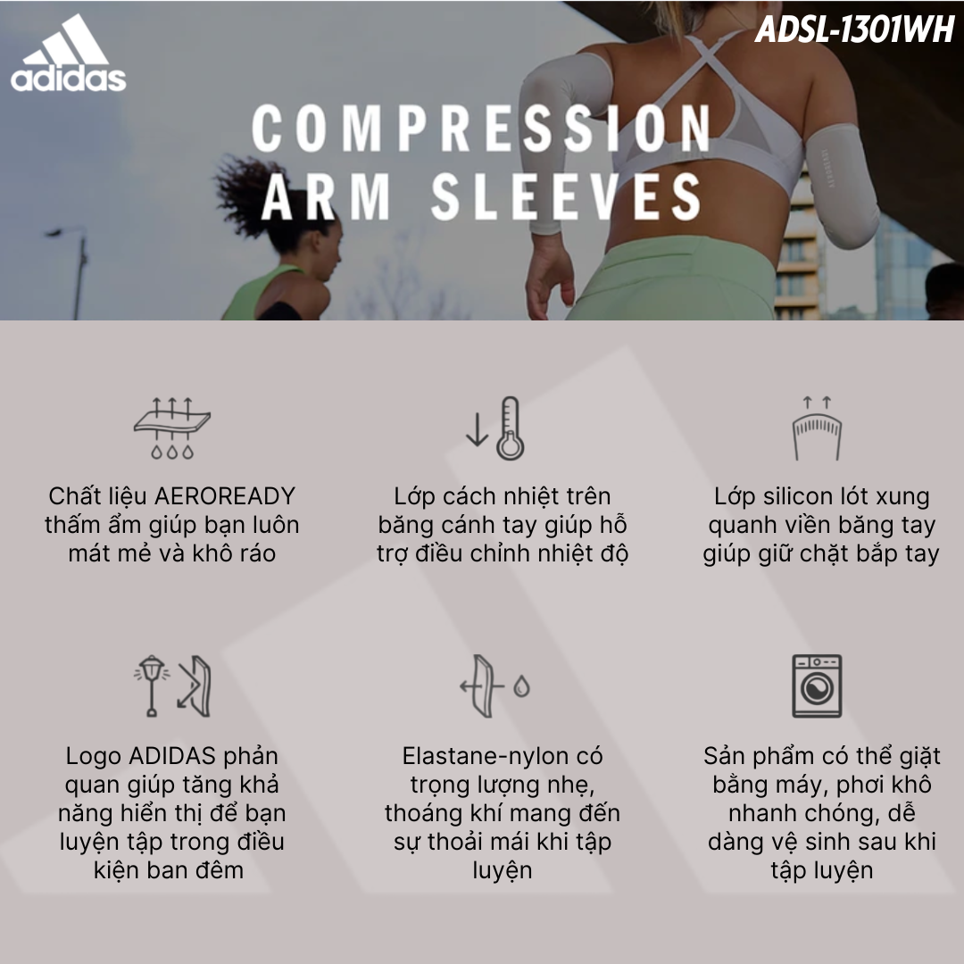 Băng Bảo Vệ Cánh Tay ADIDAS ADSL-1301WH Aeroready Compression Arm Sleeve (1 Cặp) - Hàng Chính Hãng