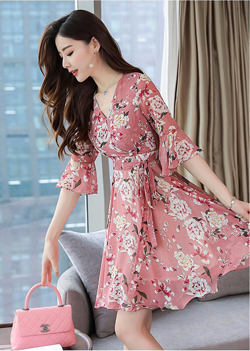 Đầm Nữ Thắt Eo Họa Tiết Hoa Thanh Lịch