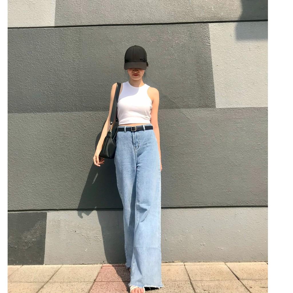 Quần jean nữ ống rộng lưng cao form suông Dài Cao Cấp để phối Hunter, Sneaker, Giày cao gót YUKIBLOOM QJD01
