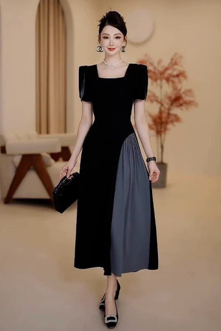 Đầm xòe cổ vuông phối màu