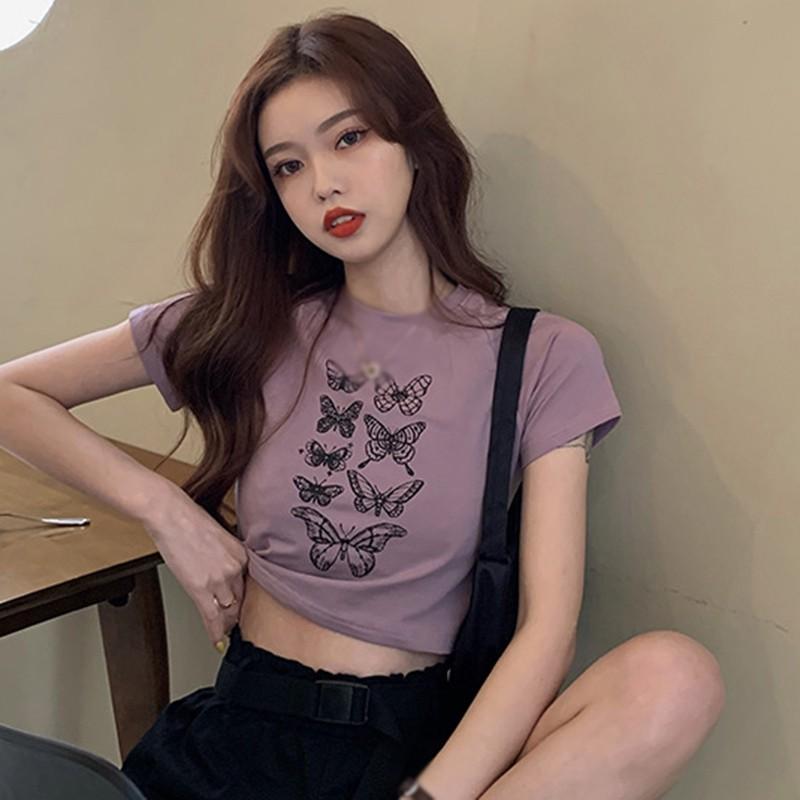 Áo thun tay ngắn ôm dáng in họa tiết bướm thời trang