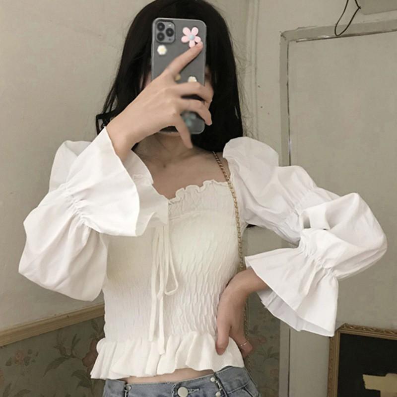 Áo Kiểu Tay Dài Cổ Vuông Thiết Kế Màu Trơn Thanh Lịch