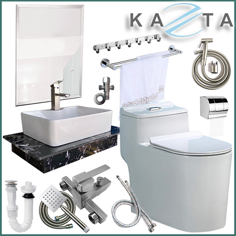 Combo Thiết Bị Nhà Tắm Cao Cấp KAZTA KZ-CBT03: Bồn Cầu 1 Khối Xả Xoáy Nắp Êm-Lavabo Đặt Bàn Đá-Sen Tắm Nóng Lạnh Kèm Bộ Phụ Kiện Nhà Tắm Sang Trọng Như Hình