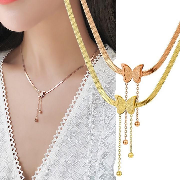 Dây chuyền mì dẹp titan có mặt Hồ Điệp rớt bi cách điệu siêu đẹp, bền màu, hợp thời trang, dễ phối đồ