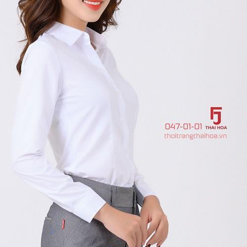 Áo sơ mi nữ công sở dài tay, màu trắng chất vải cotton Áo sơ mi nữ Thái Hòa 047-01-01