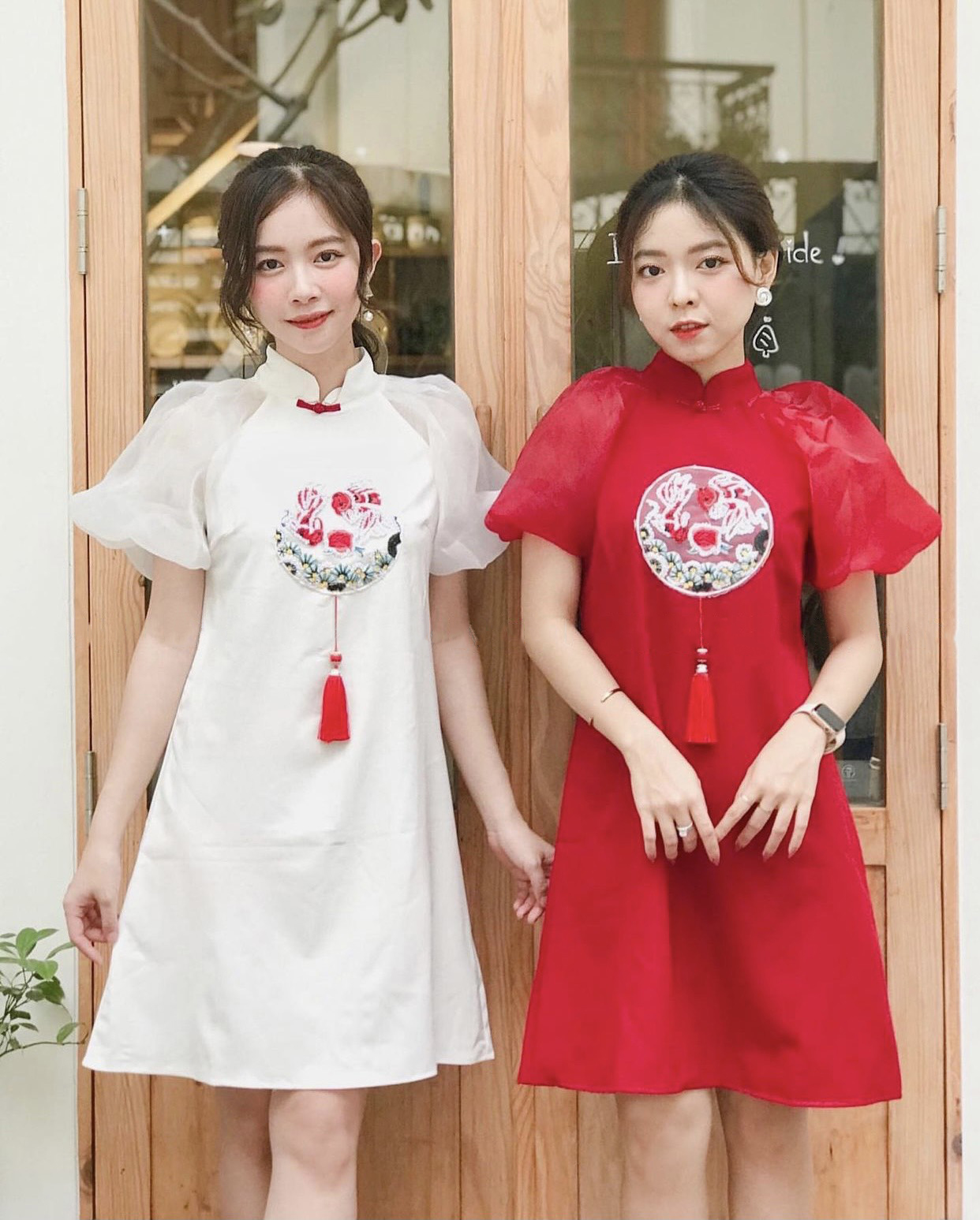 Đầm tết thiêu họa tiết mùa xuân 3 Màu Hồng, Trắng và Đỏ cực dễ thương