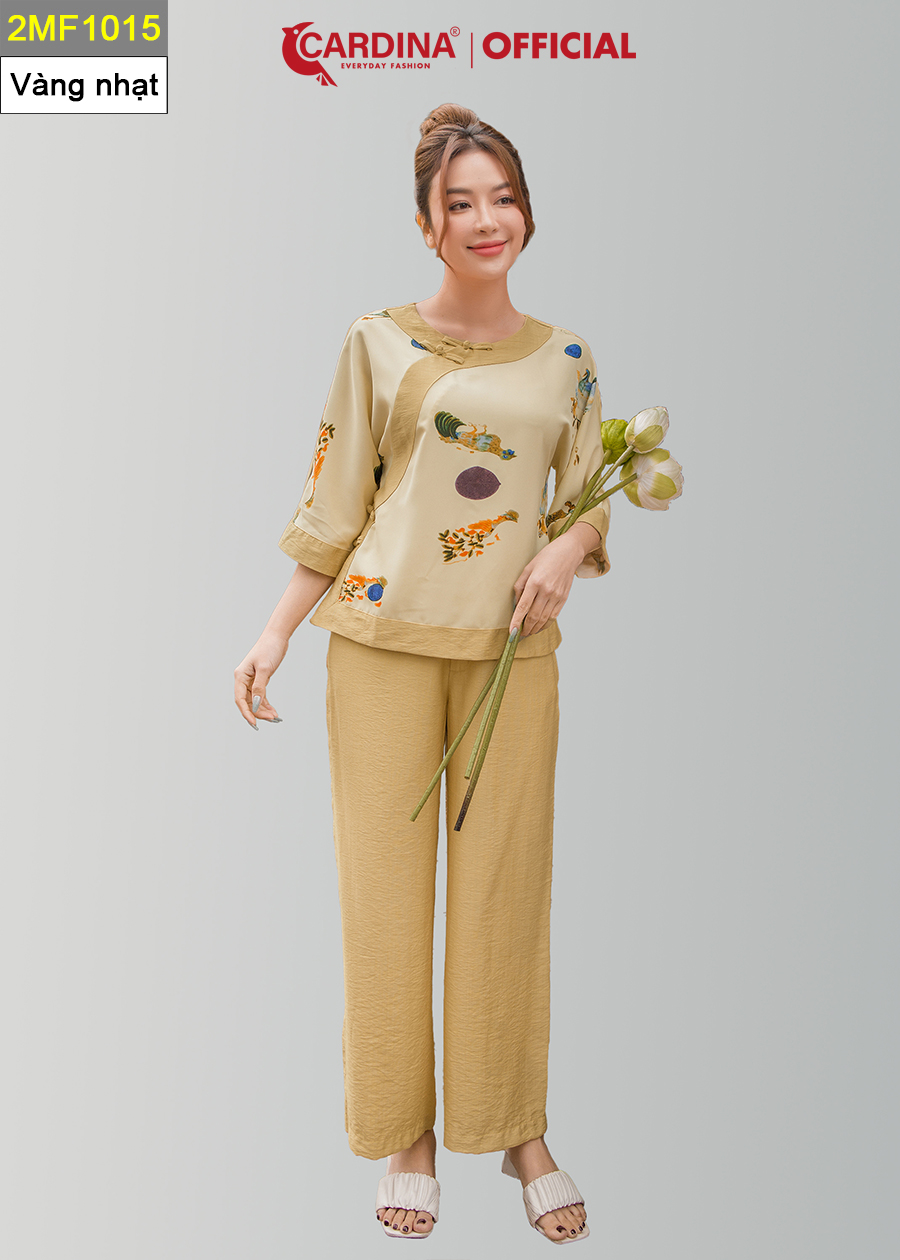Đồ Bộ Nữ CARDINA Cao Cấp Bộ Đi Chùa Áo Lụa Mango Họa Tiết Cổ Tấc Cách Tân Tay Lỡ Quần Dài Chất Đũi Bamboo 2MF10