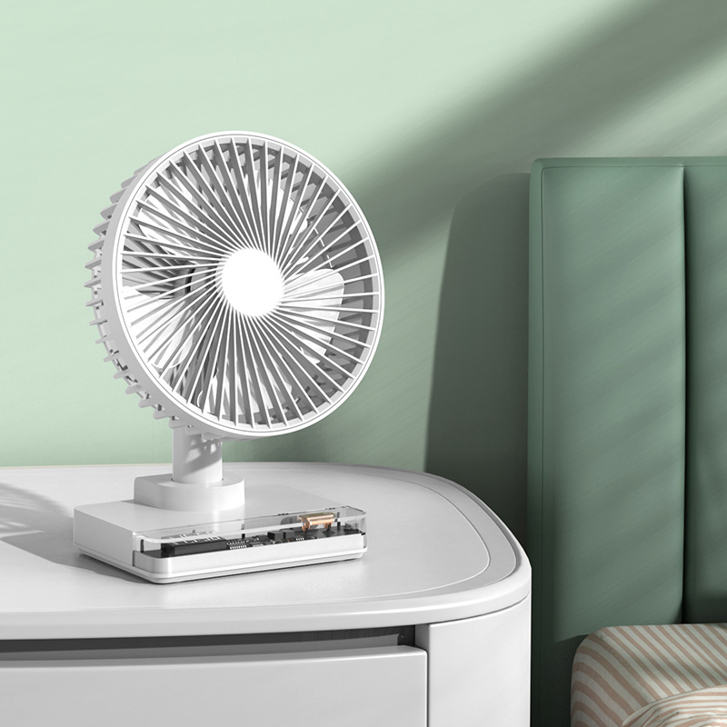 Quạt tích điện để bàn trong suốt kèm đồng hồ hiện giờ Desktop Fan DF-11 xoay đảo chiều 4 tốc độ gió