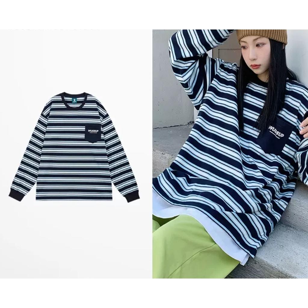 Áo dài tay kẻ ngang MEANSTORE phông Unisex nam nữ tee oversize form rộng pull Ulzzang Hàn Quốc vải mềm- Kẻ đen xanh