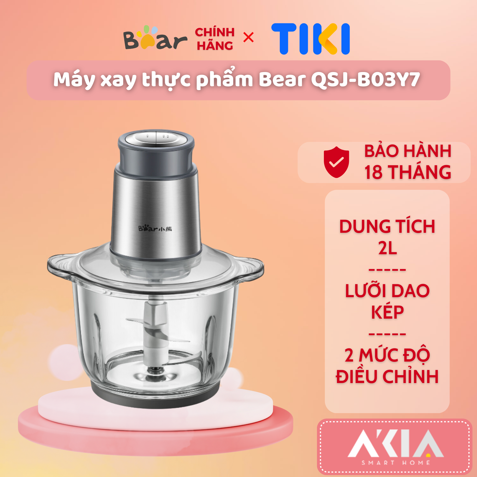 Máy xay thực phẩm đa năng Bear QSJ-B03Y7, dung tích 2L, thiết kế lưỡi dao kép 2 tầng, 2 chế độ điều chỉnh - HÀNG CHÍNH HÃNG