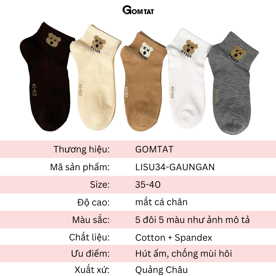 Set 5 đôi tất vớ nữ cổ ngắn GOMTAT họa tiết gấu đơn giản, chất liệu cotton khử mùi kháng khuẩn - LISU34-GAUNGAN