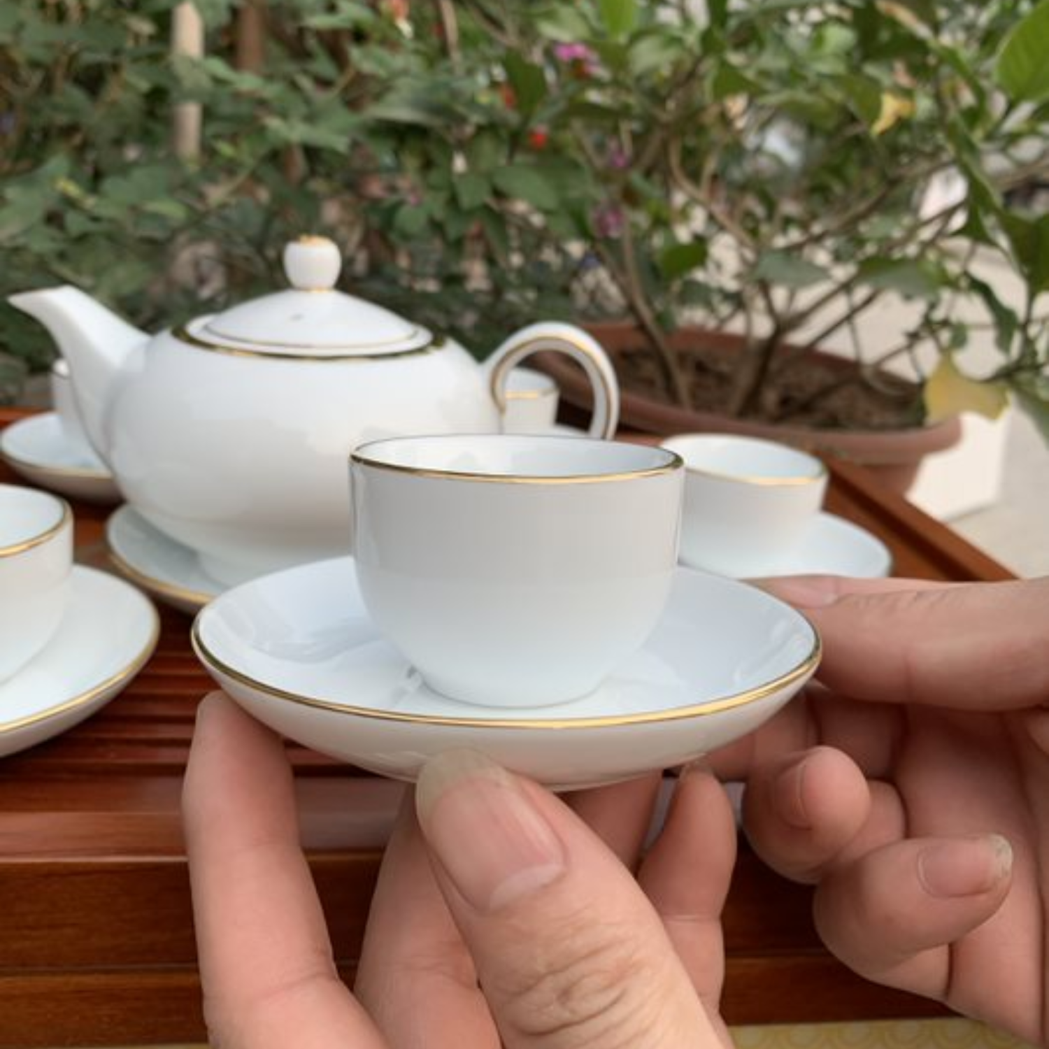 Bộ ấm chén uống trà cao cấp , bộ ấm trà Bát Tràng - tố bạch hoàng kim
